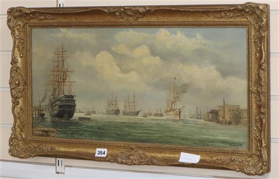 E. Rodins (late 19th C.) oil on canvas, Shipping in Portsmouth Harbour, signed, 29 x 60cm